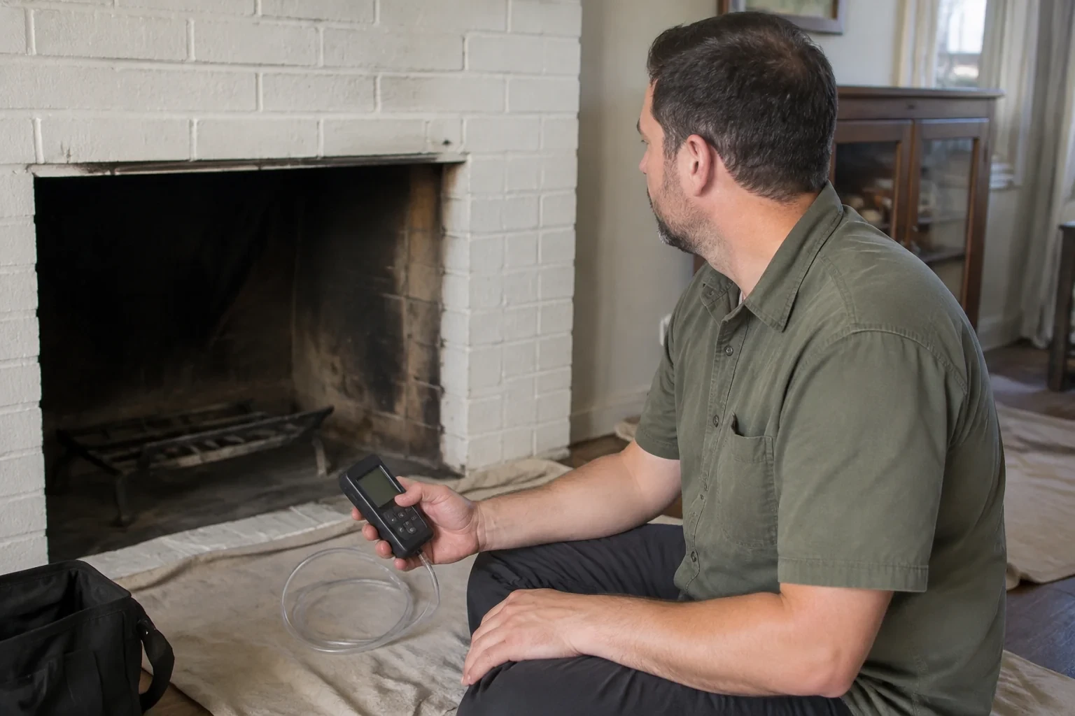 Technician holding a handheld meter beside a cold fireplace.