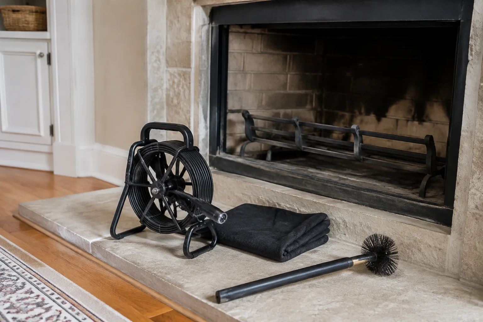 Inspection reel and brush beside a cold fireplace.