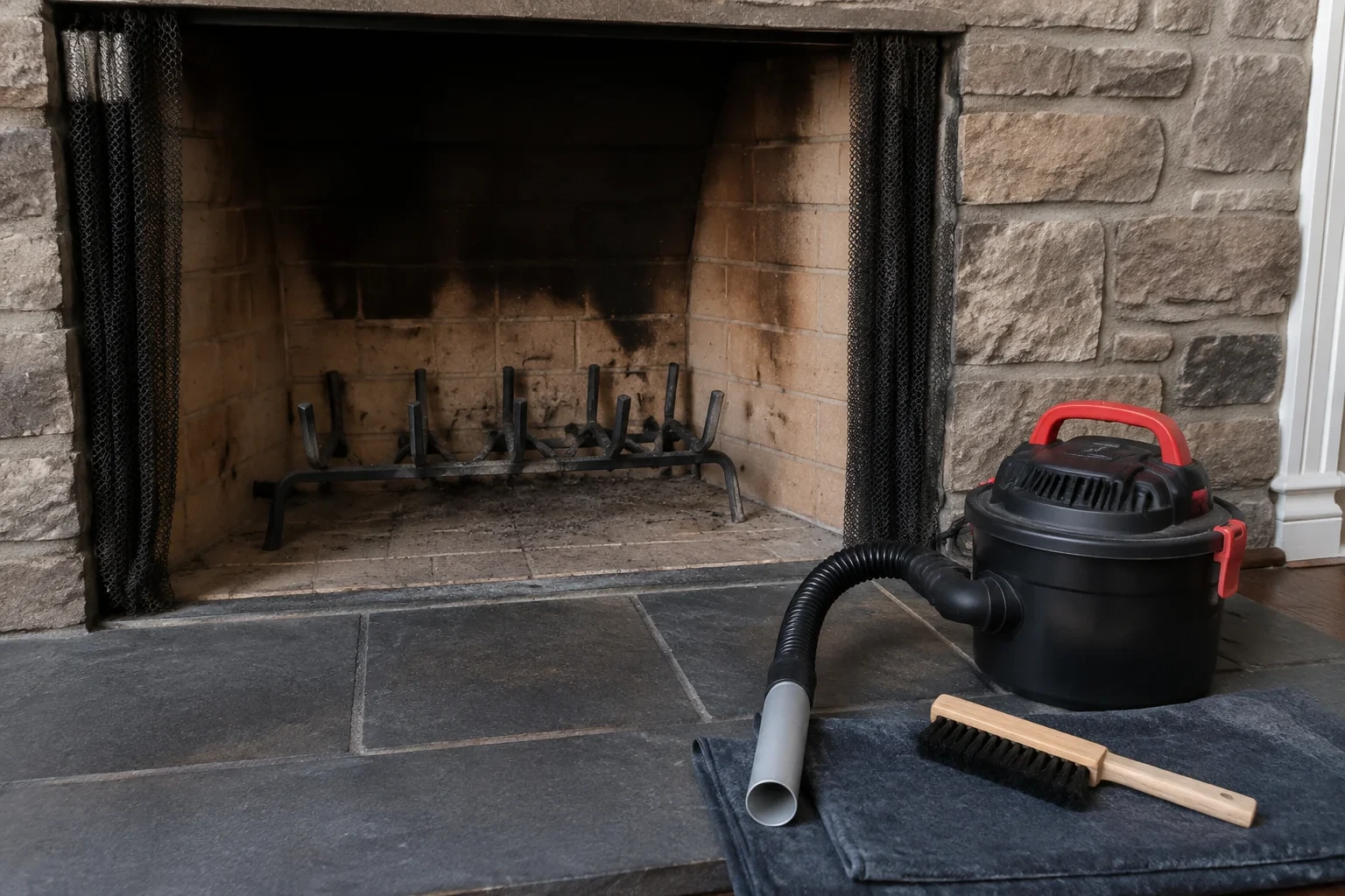 Cold firebrick firebox with grate and cleaning equipment on the hearth.