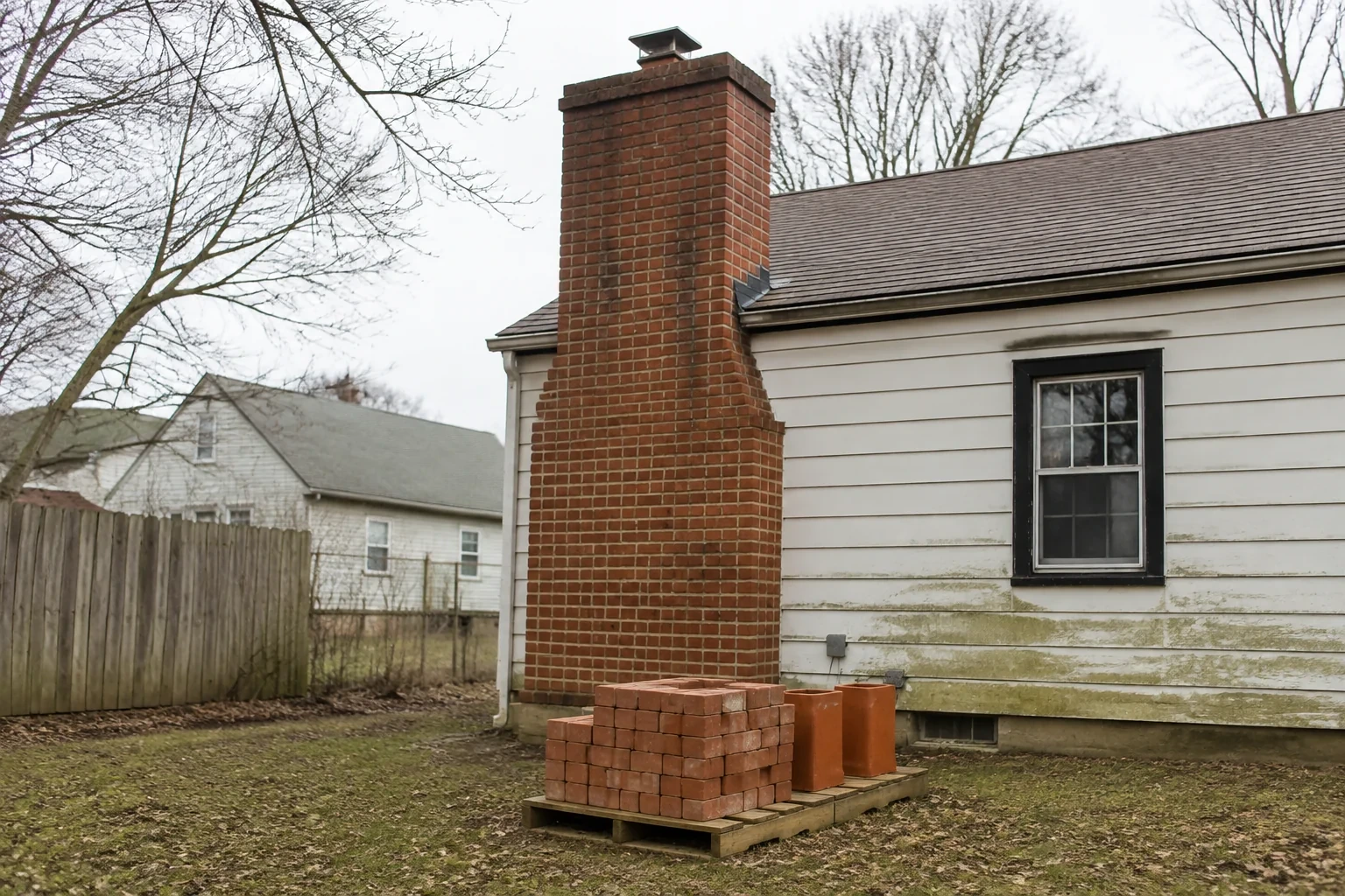 Full-height brick chimney with bricks and flue tiles in the yard.