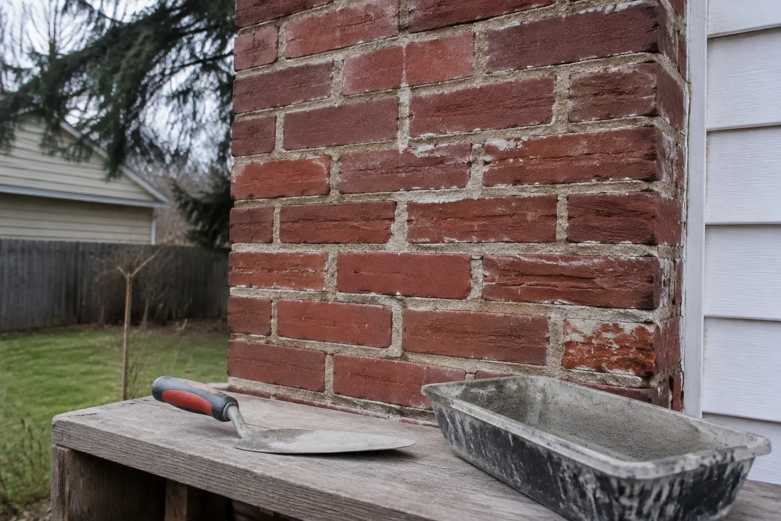 Brick chimney masonry with pointing tools on a low bench.