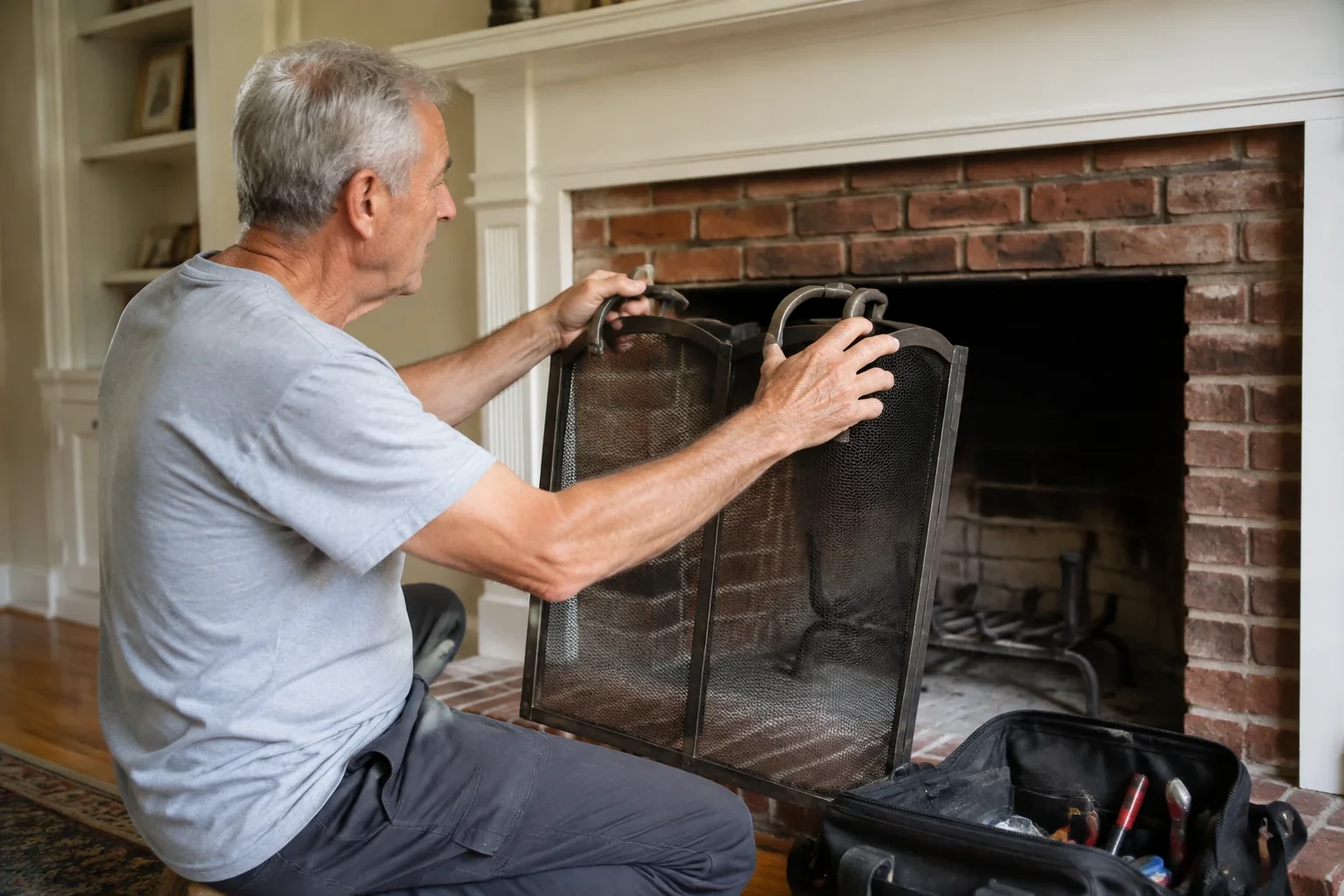 Technician examining a fireplace screen beside a cold fireplace.